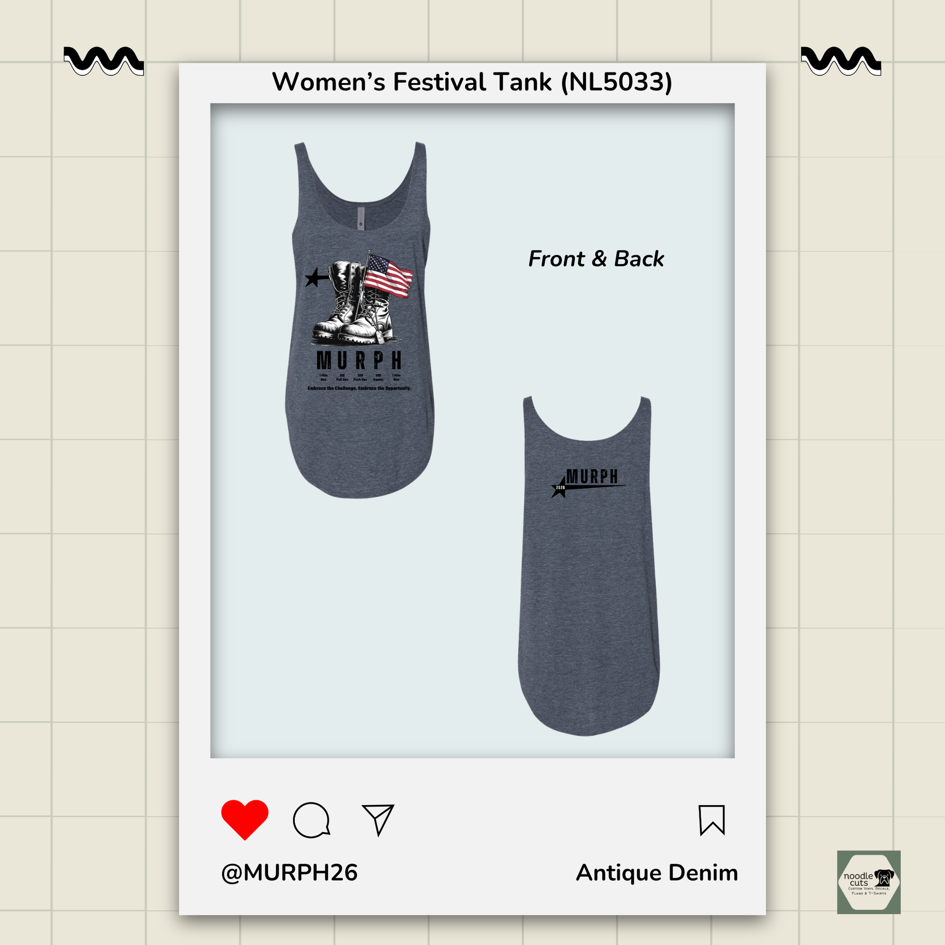 Antique Denim colored NL 5033 women's festival tank top with 'MURPH' design on a light beige background