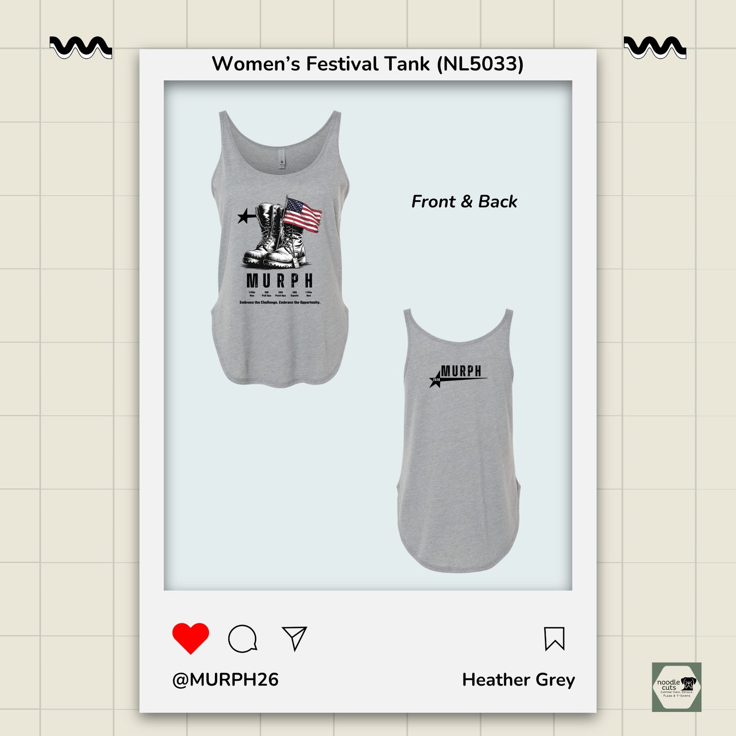 Gray tank top with 'Murph' graphic design on a light beige background