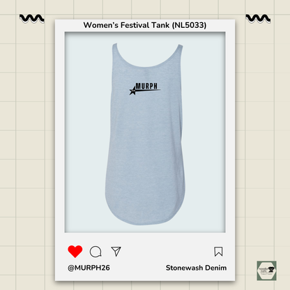 Full back view of NL 5033 women's stonewash denim tank top with 'MURPH' branding in a white frame on a beige grid background.