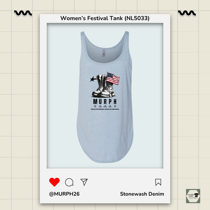 Full front view of Stonewash Denim Women's Festival Tank (NL5033) top with graphic design on a light beige background