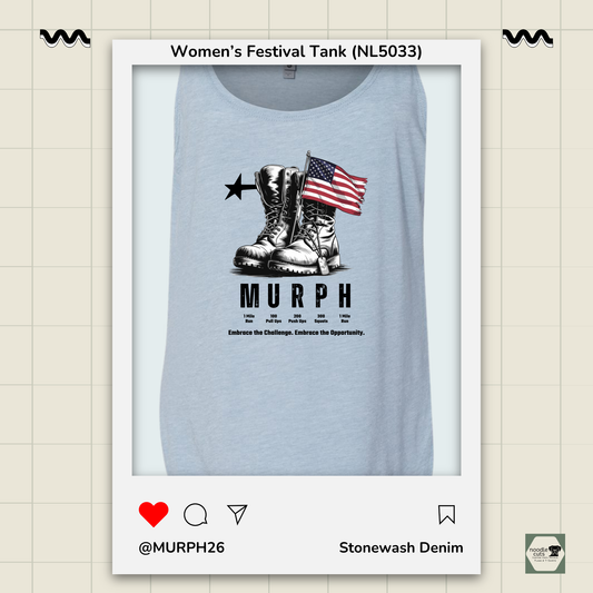 Stonewash denim tank top with 'MURPH' design featuring boots and an American flag, framed against a light background.