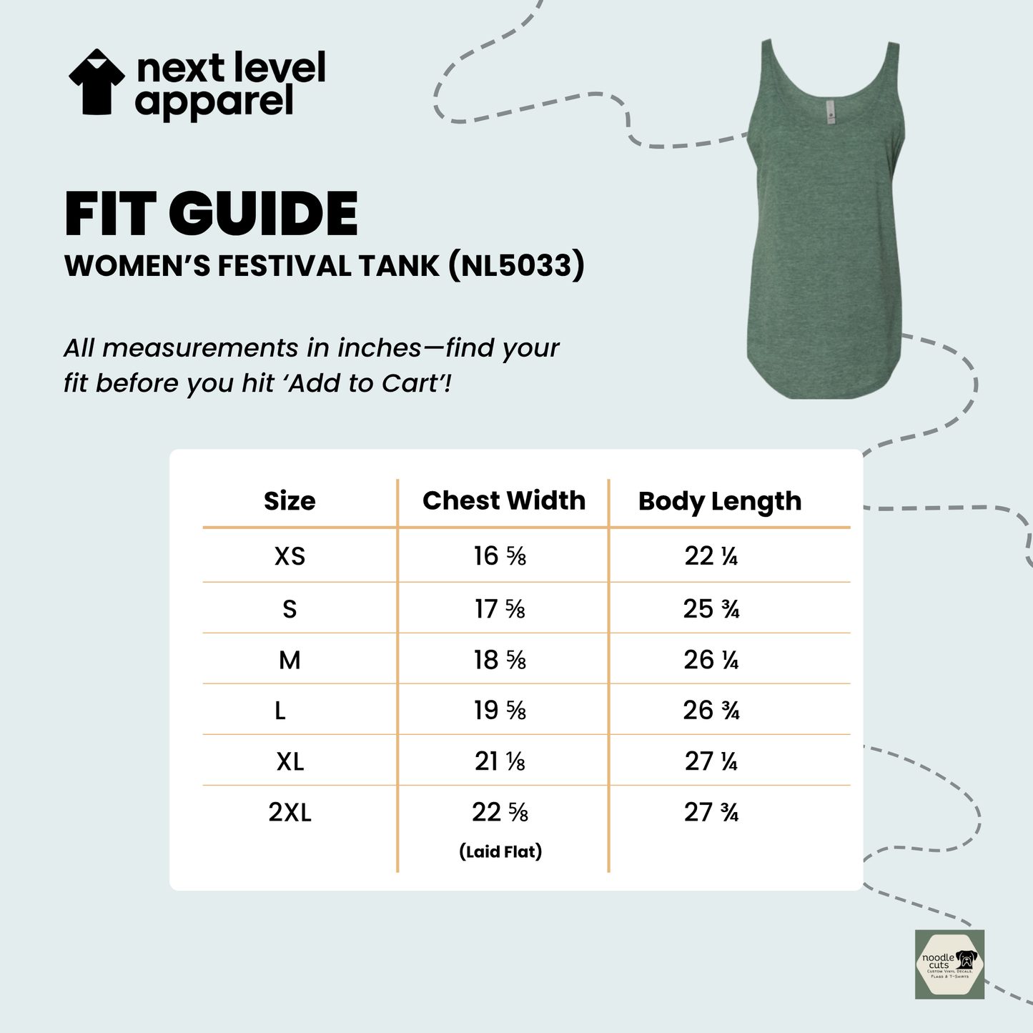 Fit guide for Next Level 5033 women's festival tank top with size chart and green tank top on light blue background.