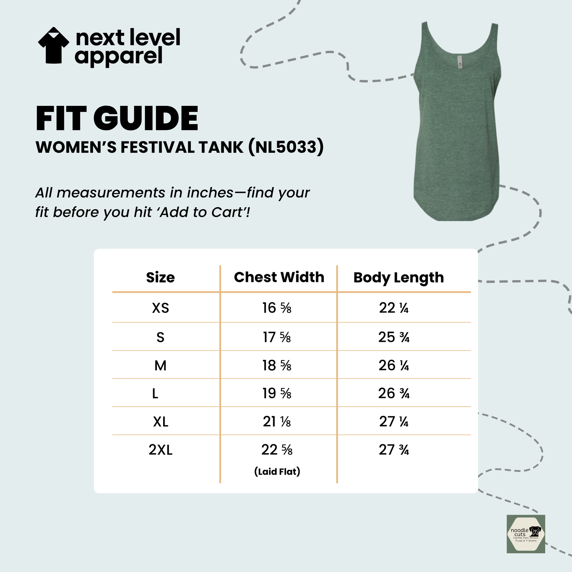 Fit guide for Next Level 5033 women's festival tank top with size chart and green tank top on light blue background.