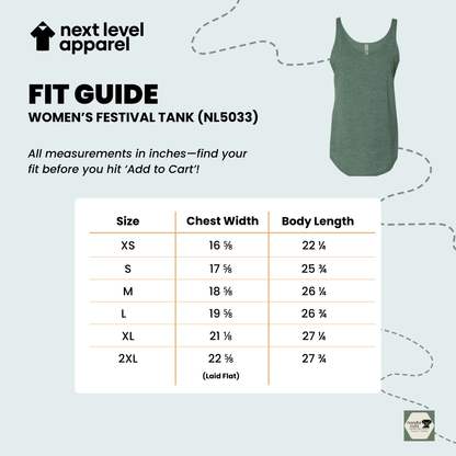 Fit guide for Next Level 5033 women's festival tank top with size chart and green tank top on light blue background.