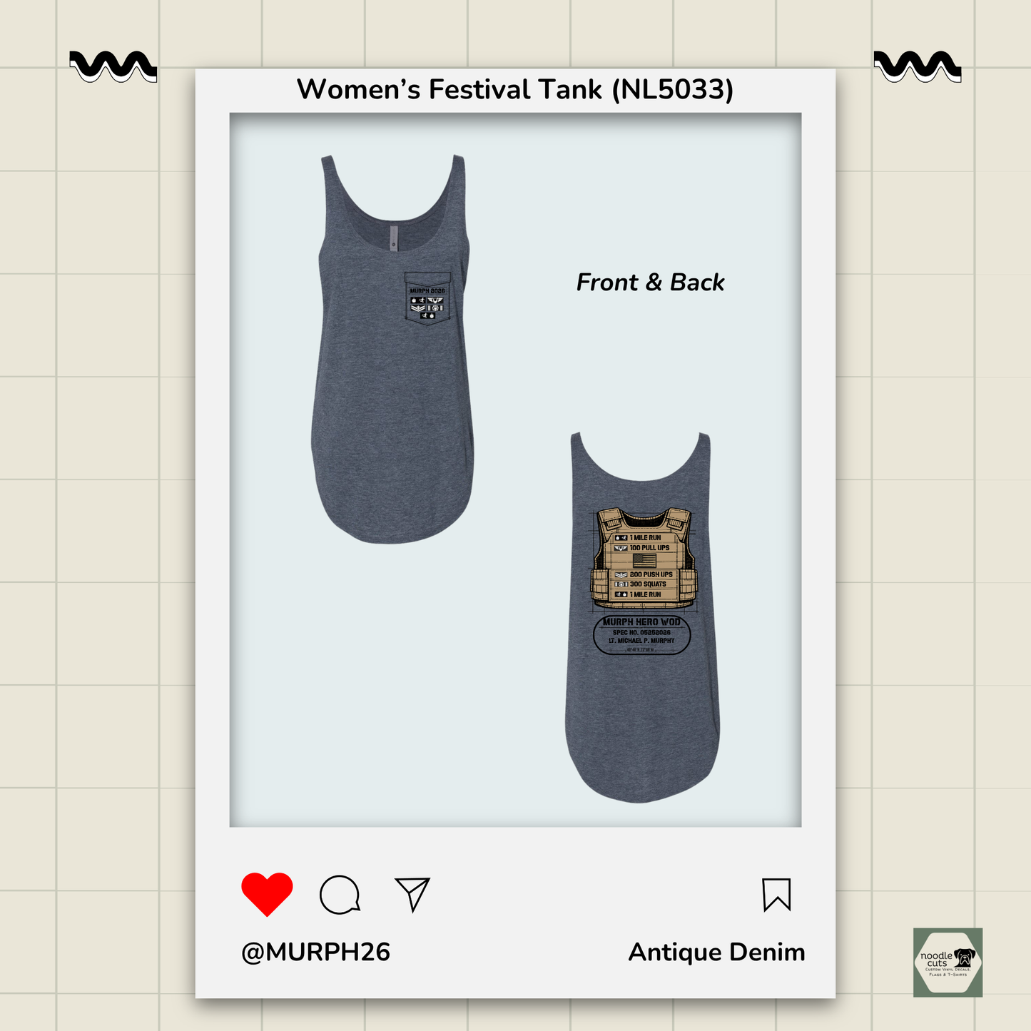 Murph 2026 Vest front and back view on antique denim Next Level 5033 performance tank displaying full tribute design layout