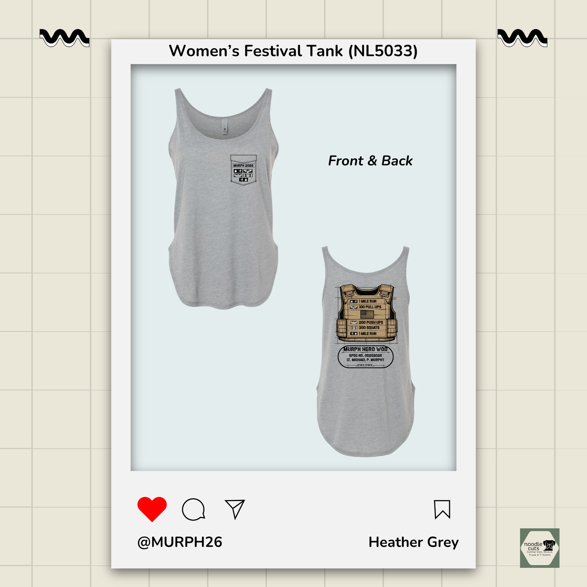 Murph 2026 Vest front and back view on Heather Grey Next Level 5033 performance tank displaying full tribute design layout