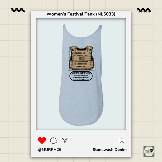 Murph 2026 Vest design back view on stonewash denim Next Level 5033 festival performance tank featuring military tribute badge artwork