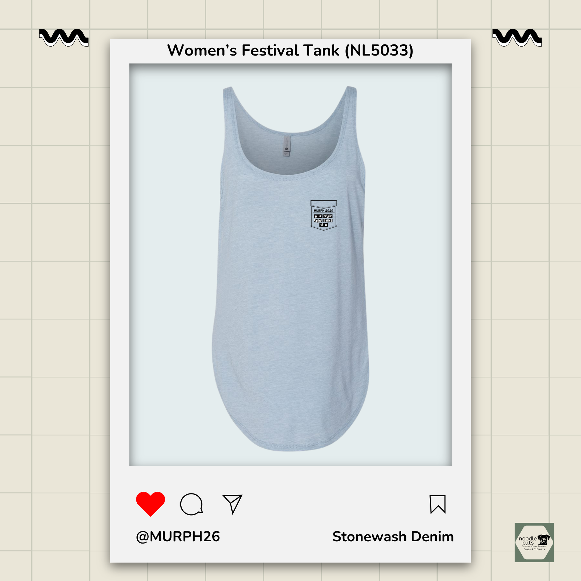 Murph 2026 Vest design front view on stonewash denim Next Level 5033 festival performance tank featuring military tribute badge artwork