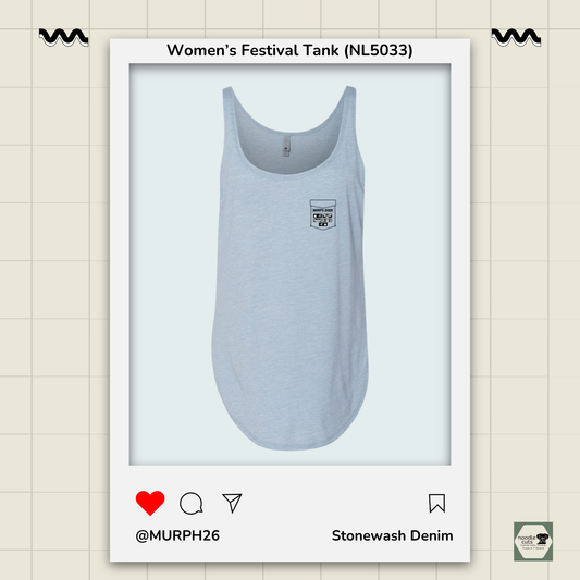 Murph 2026 Vest design front view on stonewash denim Next Level 5033 festival performance tank featuring military tribute badge artwork