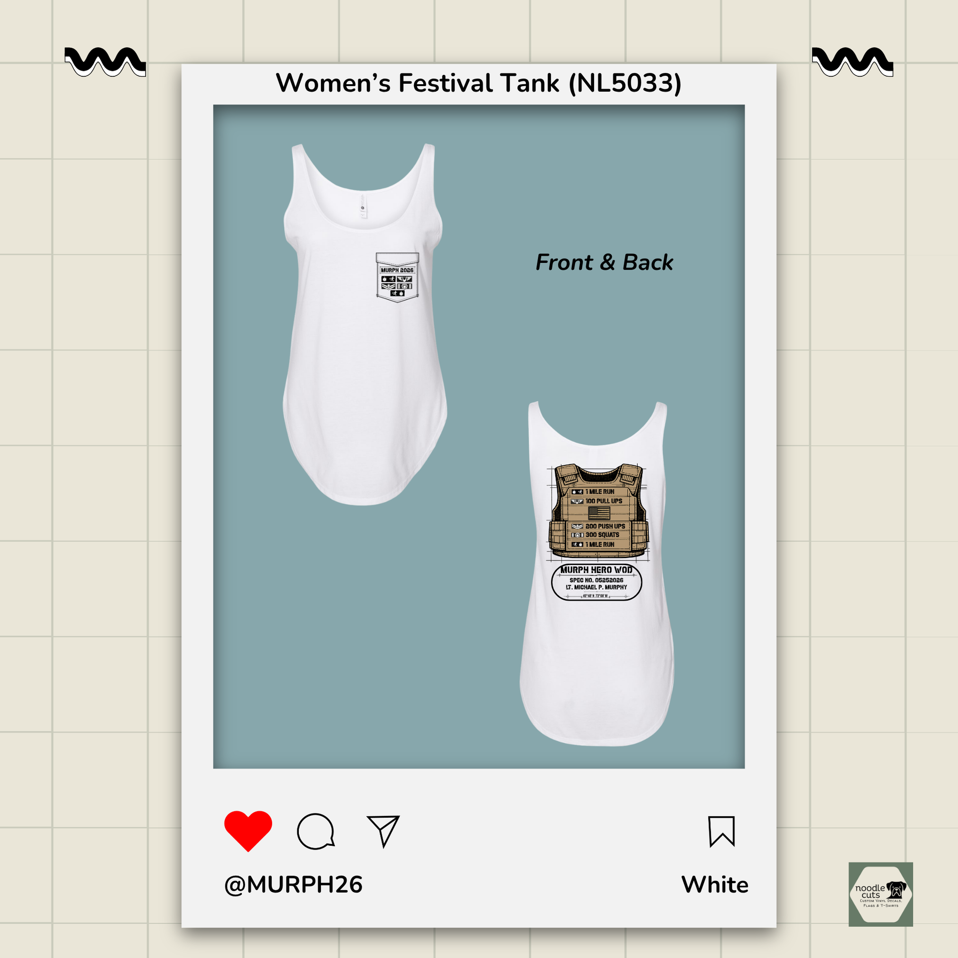 Murph 2026 Vest front and back view on white Next Level 5033 performance tank displaying full tribute design layout