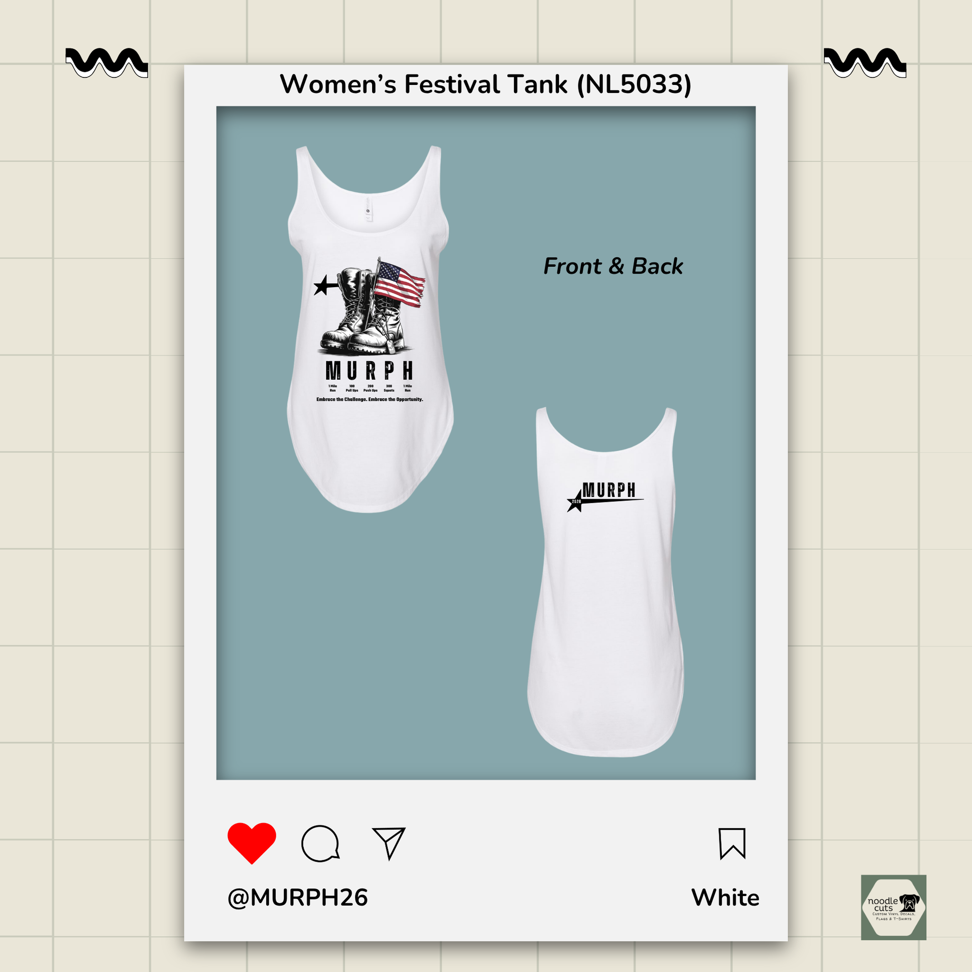 White tank top with 'MURPH' design on a gray background