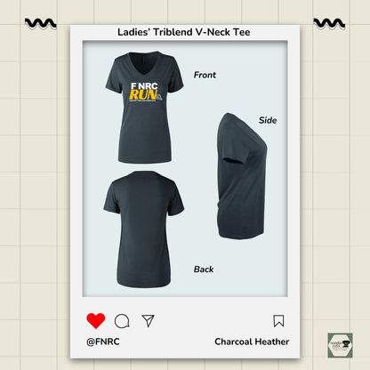 Front, side, and back views of the Primease charcoal heather Ladies’ Triblend V-Neck Tee with the front featuring the ‘FNRC Run’ design.