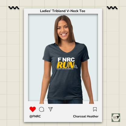 Woman wearing a Primease charcoal heather Ladies’ Triblend V-Neck Tee with 'FNRC RUN' design, framed by a product display border.