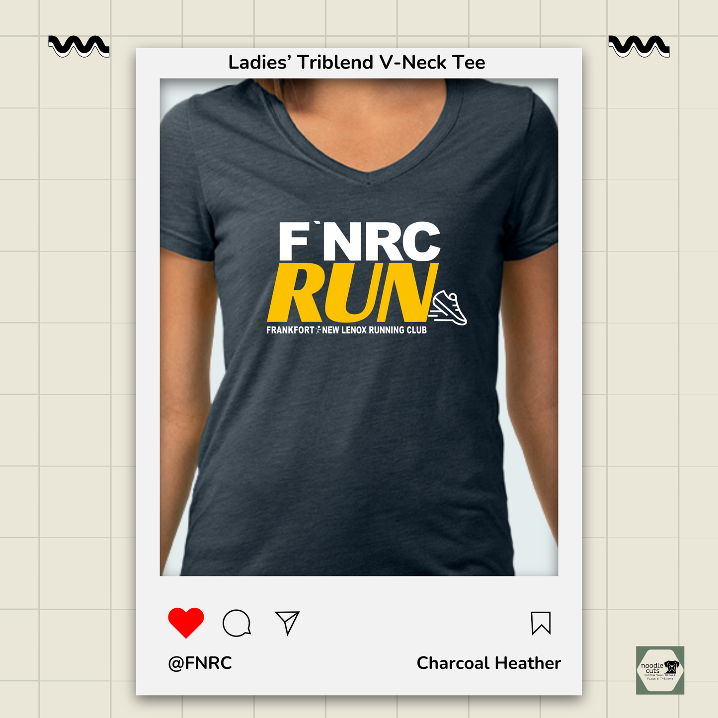 Close up view Primease charcoal heather Ladies’ Triblend V-Neck Tee with 'FNRC RUN' design, framed by a product display border.