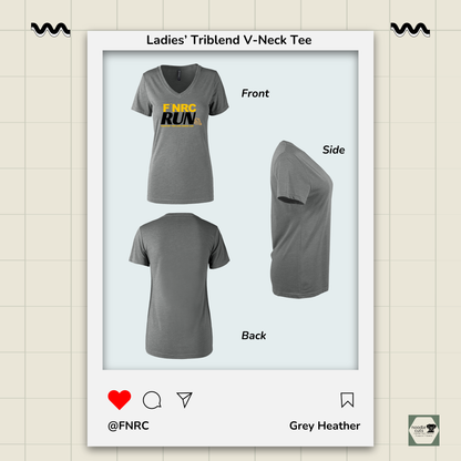 Front, side, and back views of the Primease grey heather Ladies’ Triblend V-Neck Tee with the front featuring the ‘FNRC Run’ design.