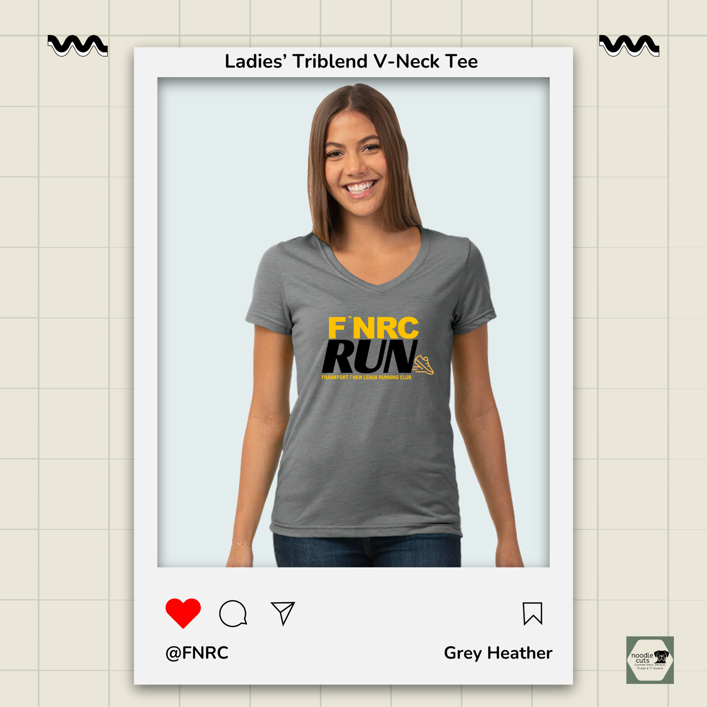 Woman wearing a Primease grey heather Ladies’ Triblend V-Neck Tee with 'FNRC RUN' design, framed by a product display border.