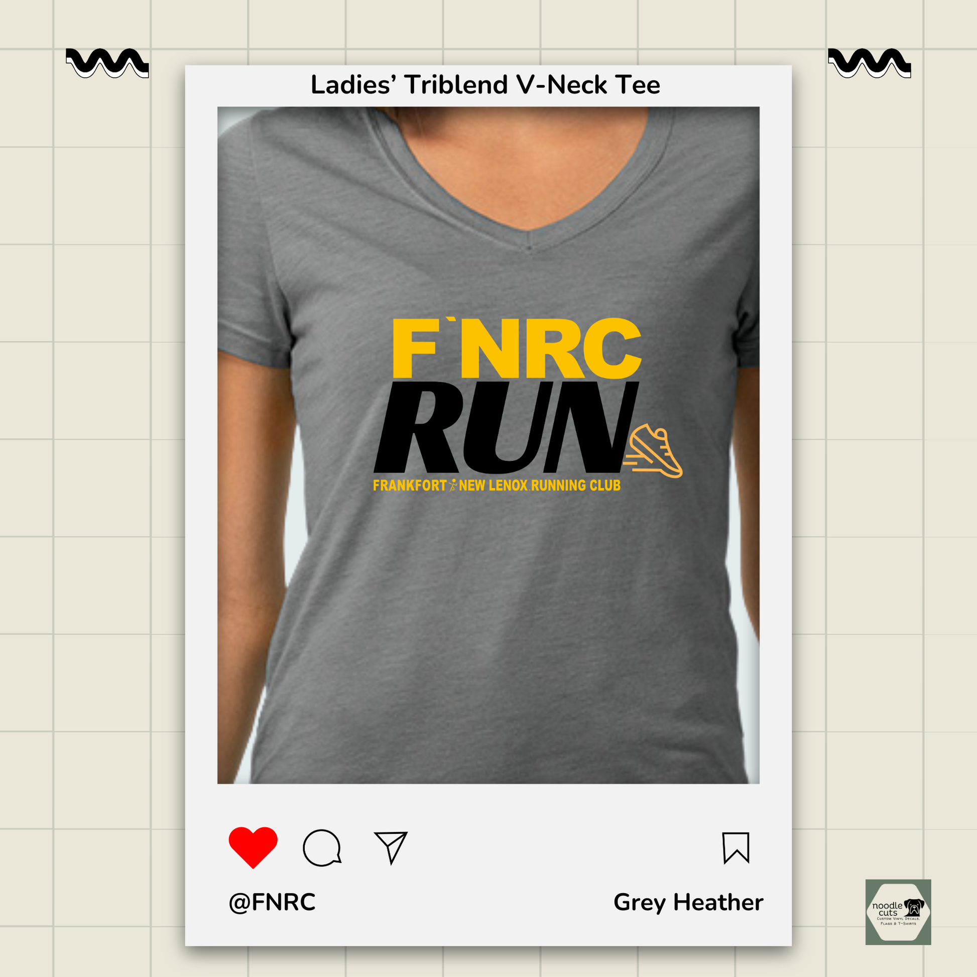 Close up view Primease grey heather Ladies’ Triblend V-Neck Tee with 'FNRC RUN' design, framed by a product display border.