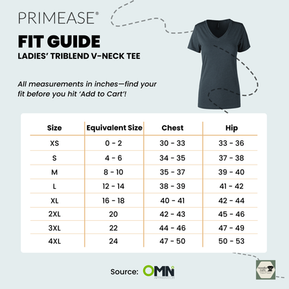 Primease Ladies’ Triblend V-Neck Tee fit guide with size chart on a light biue background.