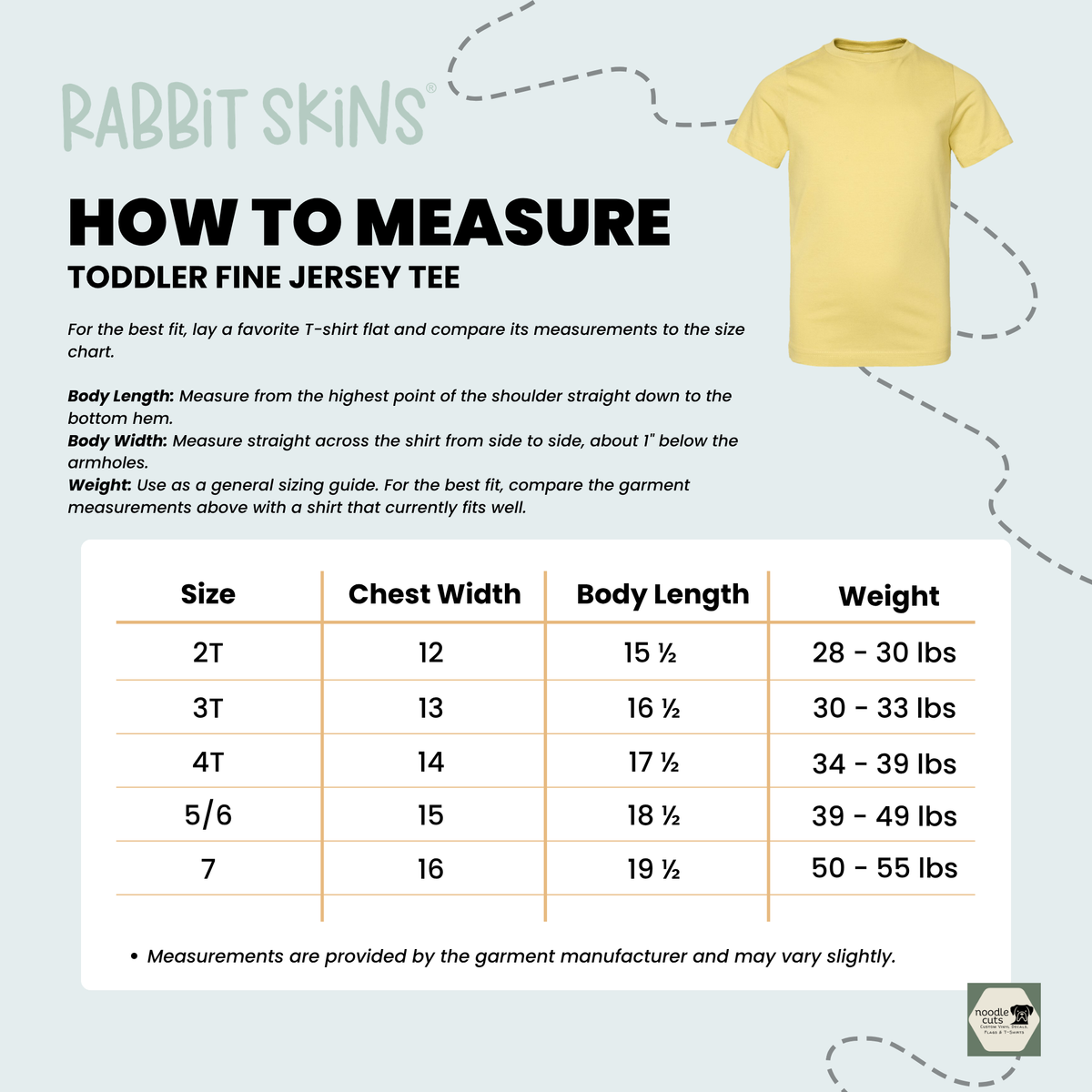 SPHC Herons Rabbit Skins 3321 toddler tee sizing chart with sizes 2T through 7