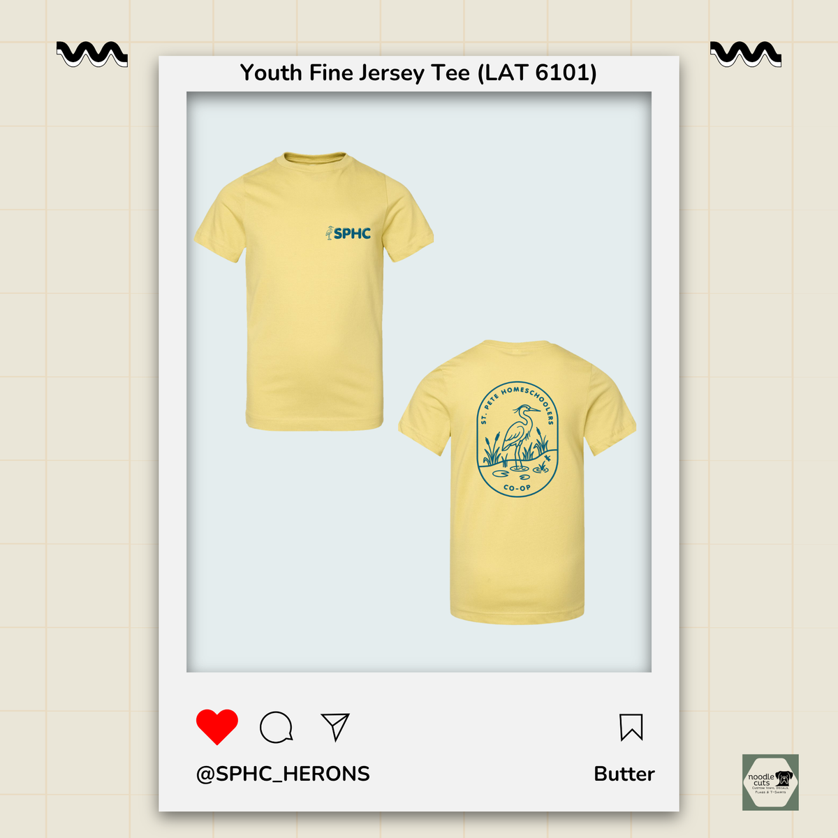 SPHC Herons youth fine jersey tee in Butter with SPHC front logo and Herons back design