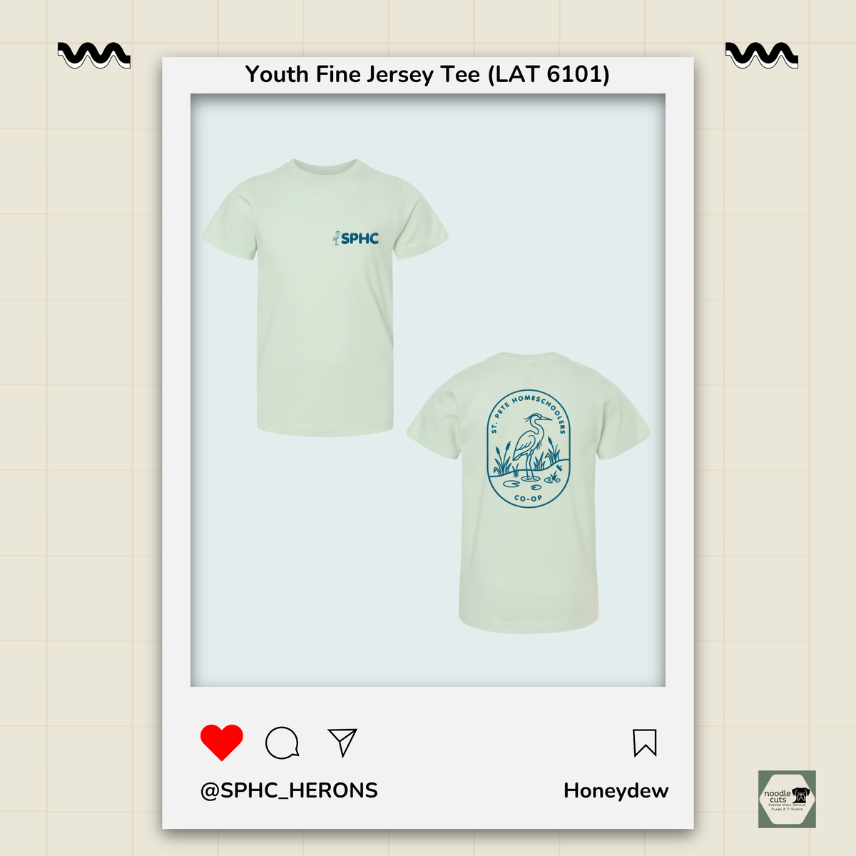 SPHC Herons youth fine jersey tee in Honeydew with SPHC front logo and Herons back design
