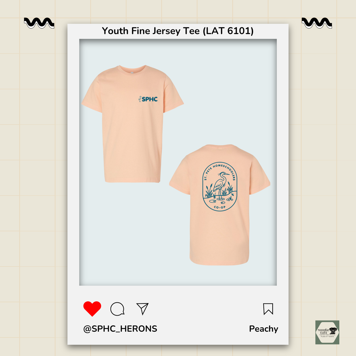 SPHC Herons youth fine jersey tee in Peachy with SPHC front logo and Herons back design