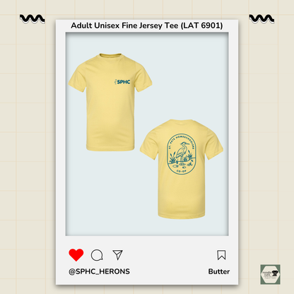 SPHC Herons adult fine jersey tee in Butter with SPHC front logo and Herons back design