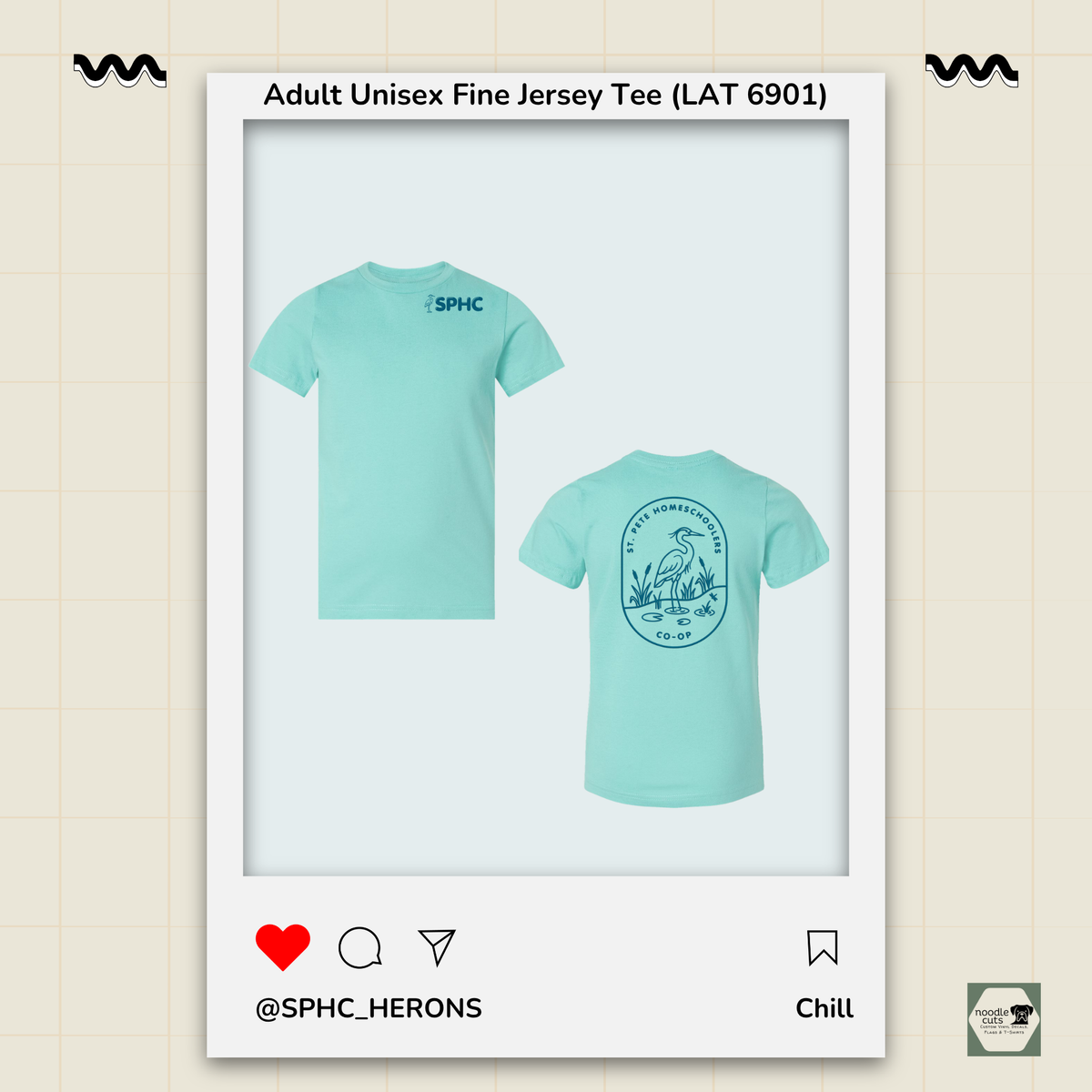 SPHC Herons adult fine jersey tee in Chill with SPHC front logo and Herons back design