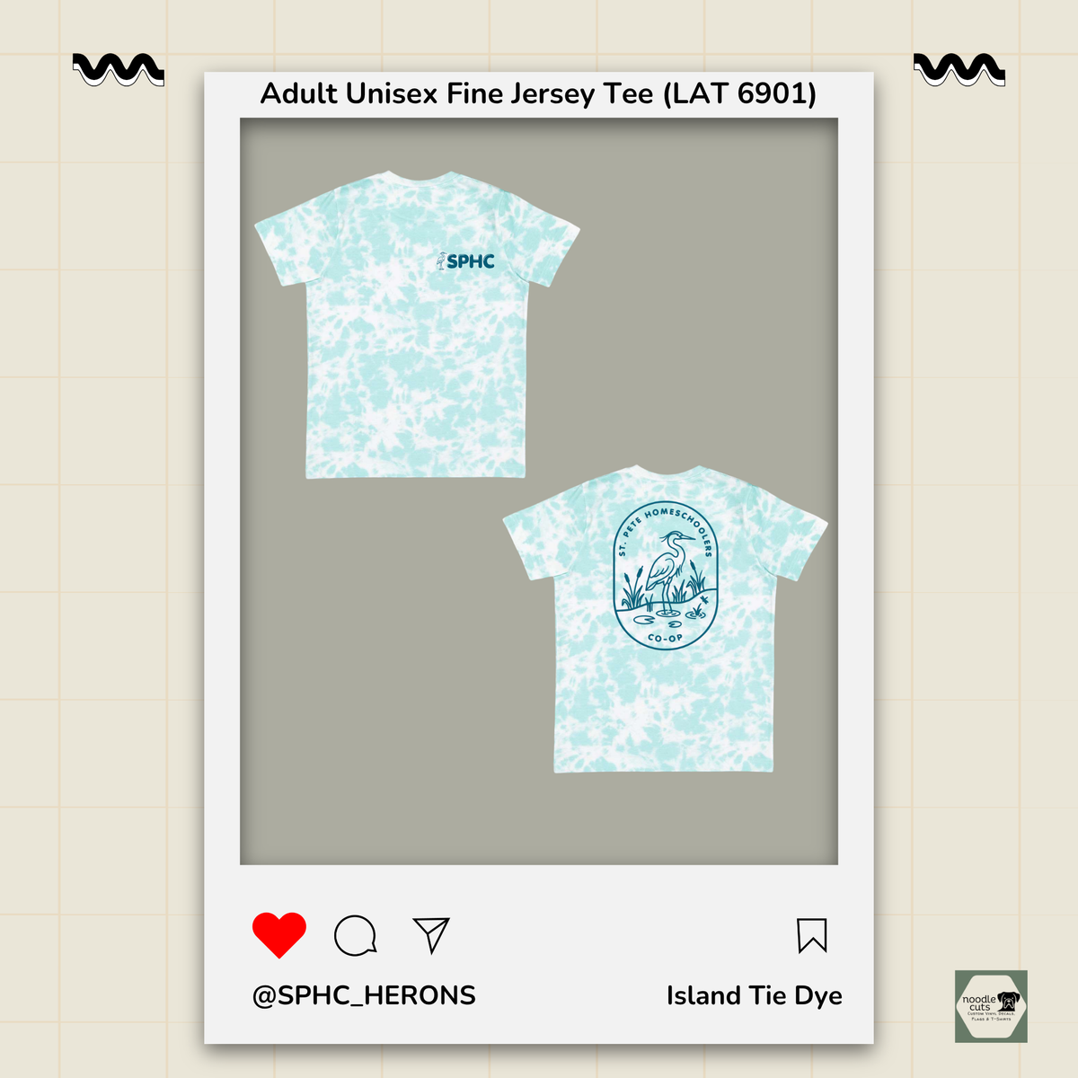 SPHC Herons adult fine jersey tee in Island Tie Dye with SPHC front logo and Herons back design