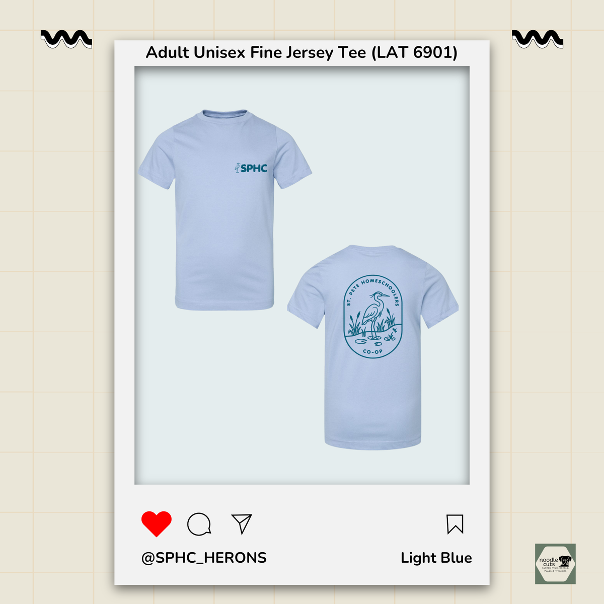SPHC Herons adult fine jersey tee in Light Blue with SPHC front logo and Herons back design