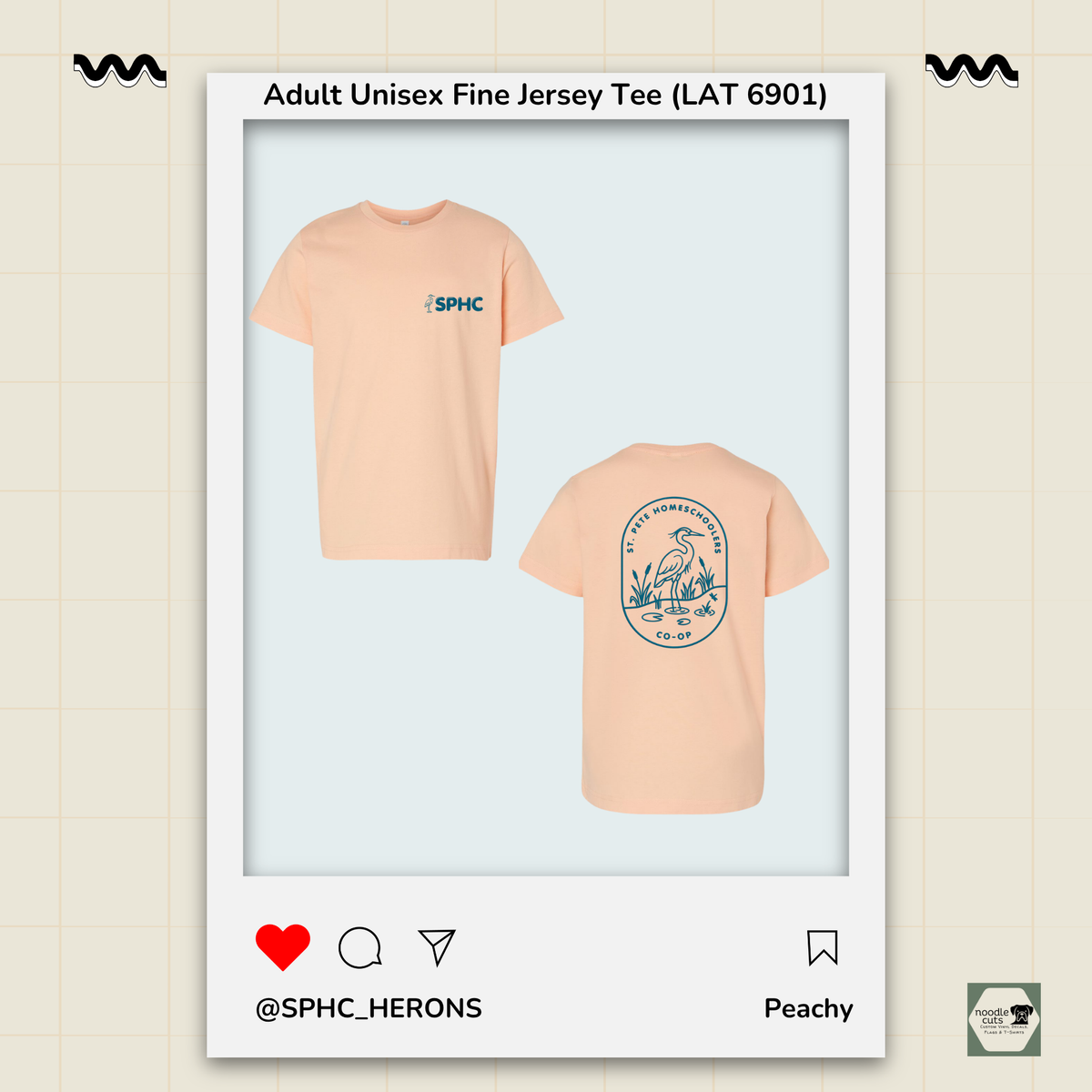 SPHC Herons adult fine jersey tee in Peachy with SPHC front logo and Herons back design