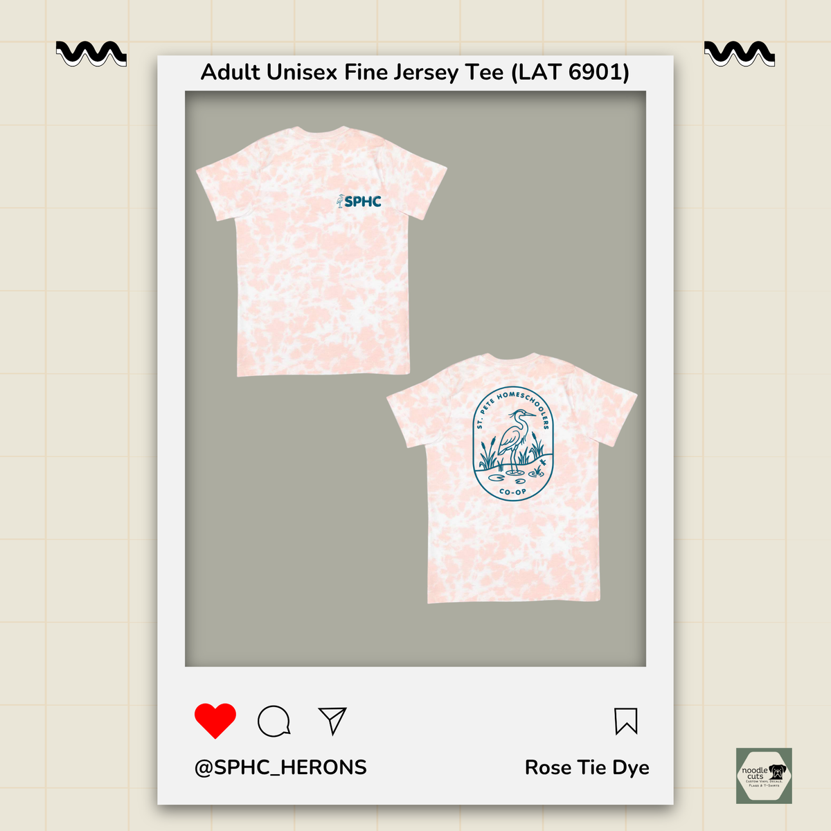 SPHC Herons adult fine jersey tee in Rose Tie Dye with SPHC front logo and Herons back design