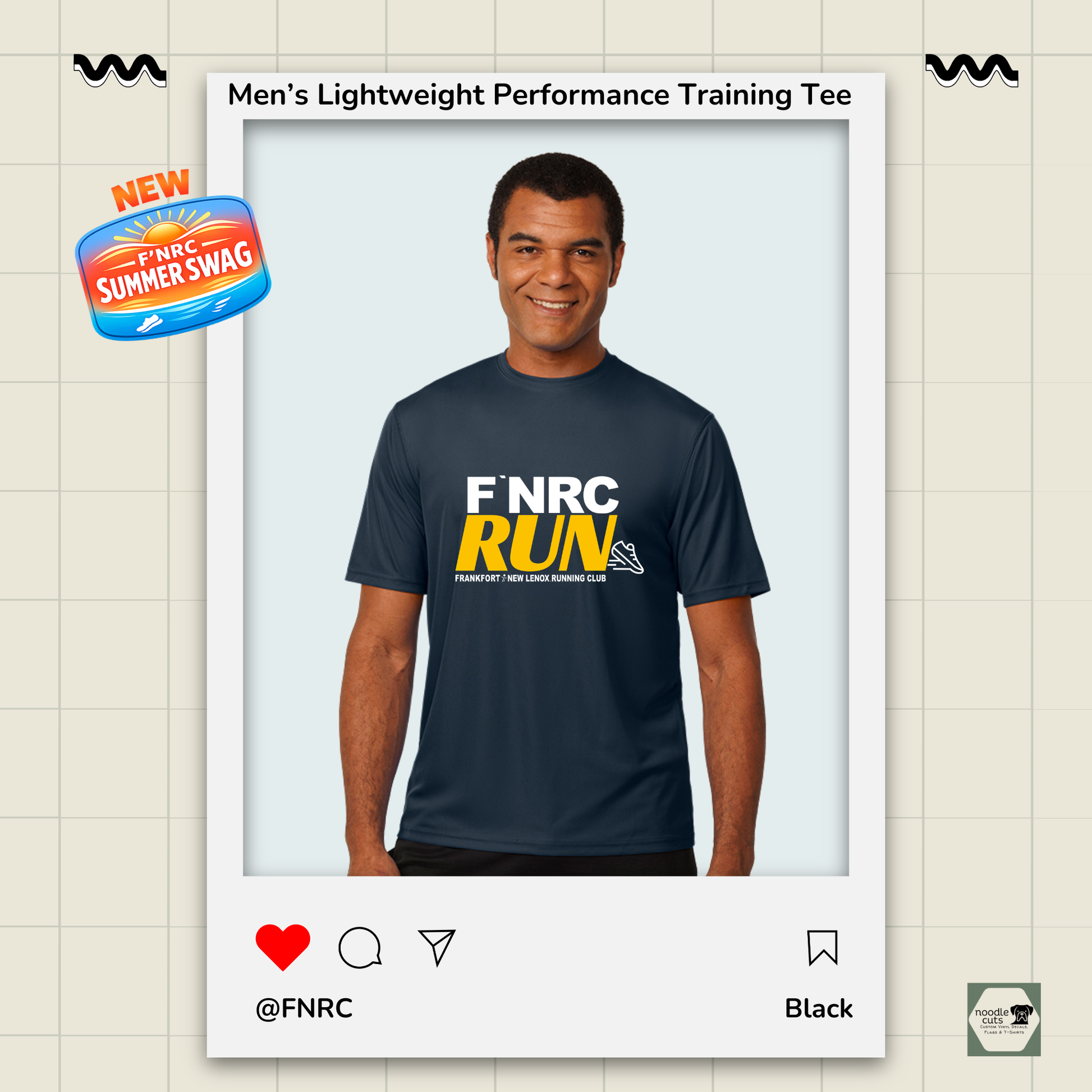 Mens FNRC Run Design Boston performance training tee in black and platinum athletic fit moisture-wicking Zorrel running shirt