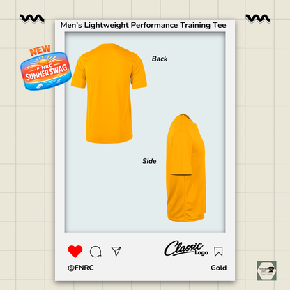Back and side view of a men's FNRC Classic Logo Boston performance training tee in black gold and platinum athletic fit moisture-wicking Zorrel shirt