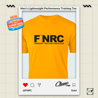 Close up view of a Mens FNRC Classic Logo Boston performance training tee in black gold and platinum athletic fit moisture-wicking Zorrel shirt