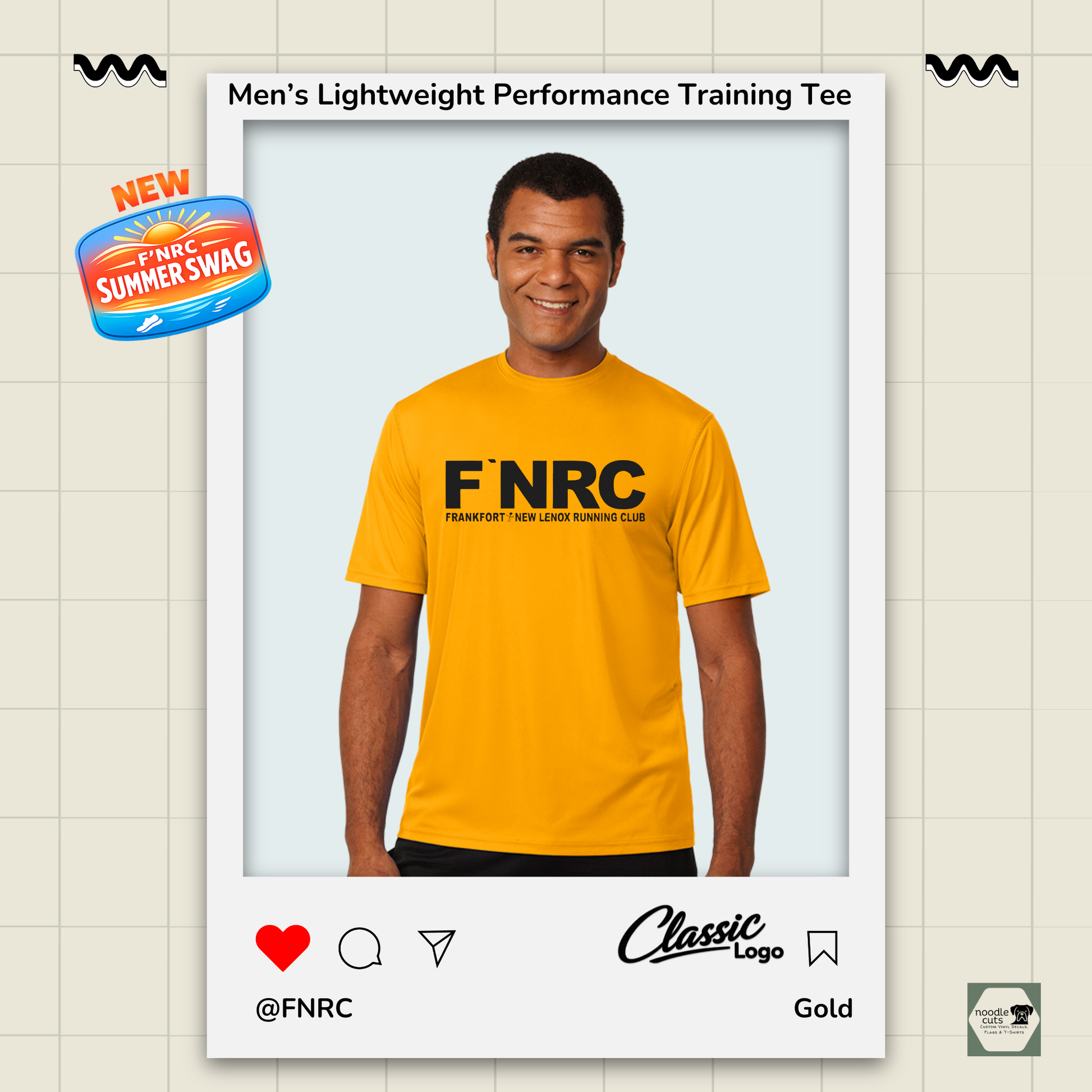 Mens FNRC Classic Logo Boston performance training tee in black gold and platinum athletic fit moisture-wicking Zorrel shirt.