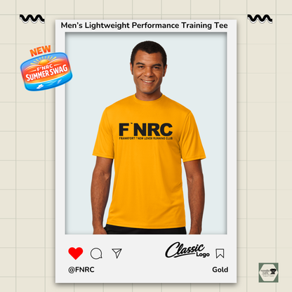Mens FNRC Classic Logo Boston performance training tee in black gold and platinum athletic fit moisture-wicking Zorrel shirt.