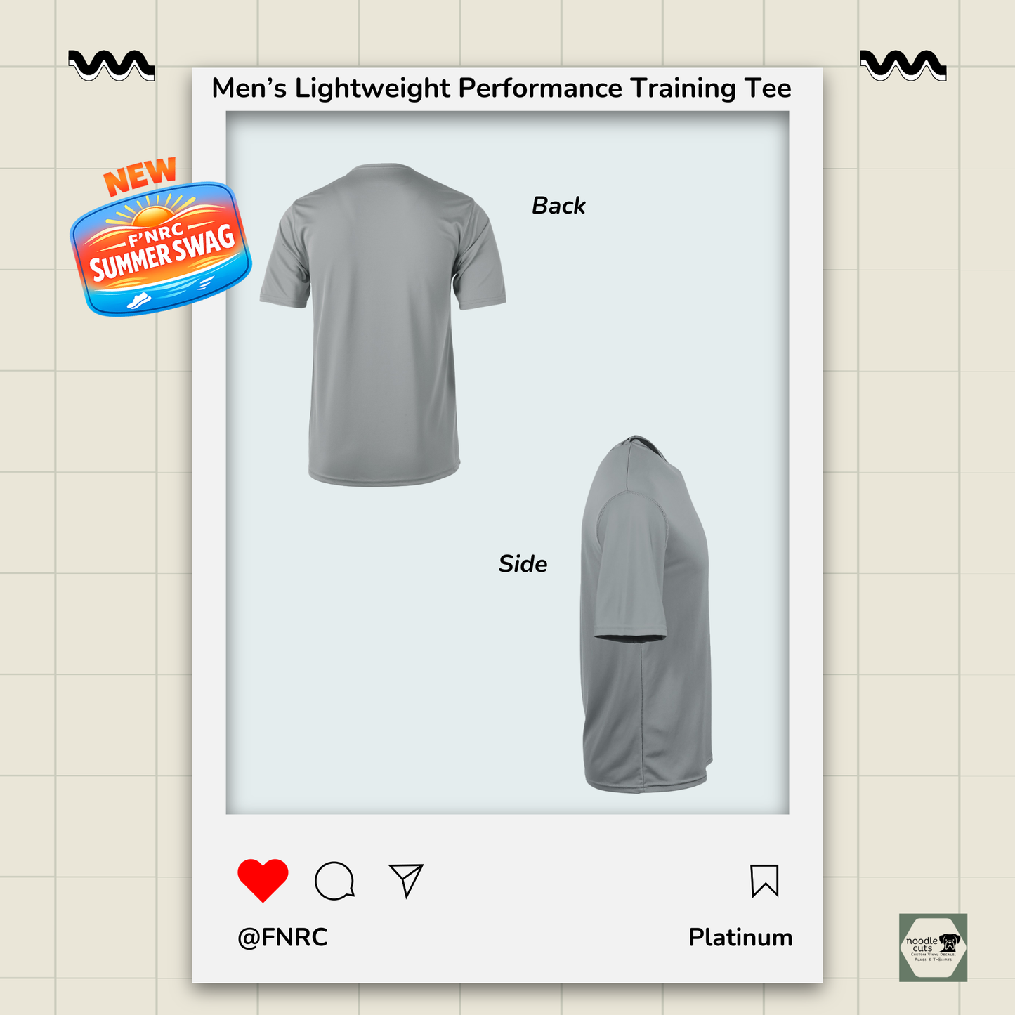Back and side view of a Mens FNRC Run Design Boston performance training tee in black and platinum athletic fit moisture-wicking Zorrel running shirt