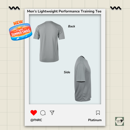 Back and side view of a Mens FNRC Run Design Boston performance training tee in black and platinum athletic fit moisture-wicking Zorrel running shirt