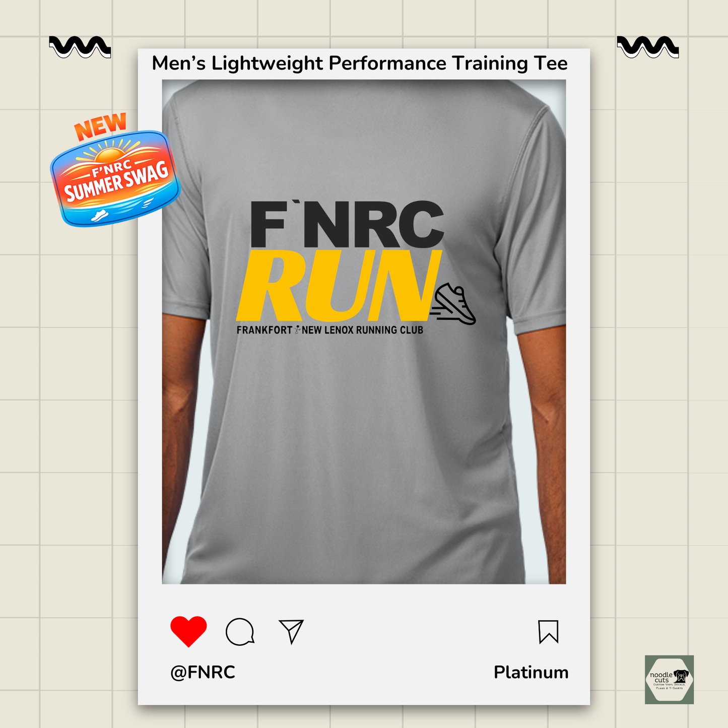 Close up view of a Mens FNRC Run Design Boston performance training tee in black and platinum athletic fit moisture-wicking Zorrel running shirt