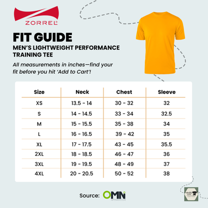 Fit guide for men's Boston lightweight performance training tee with Zorrel logo and size chart.