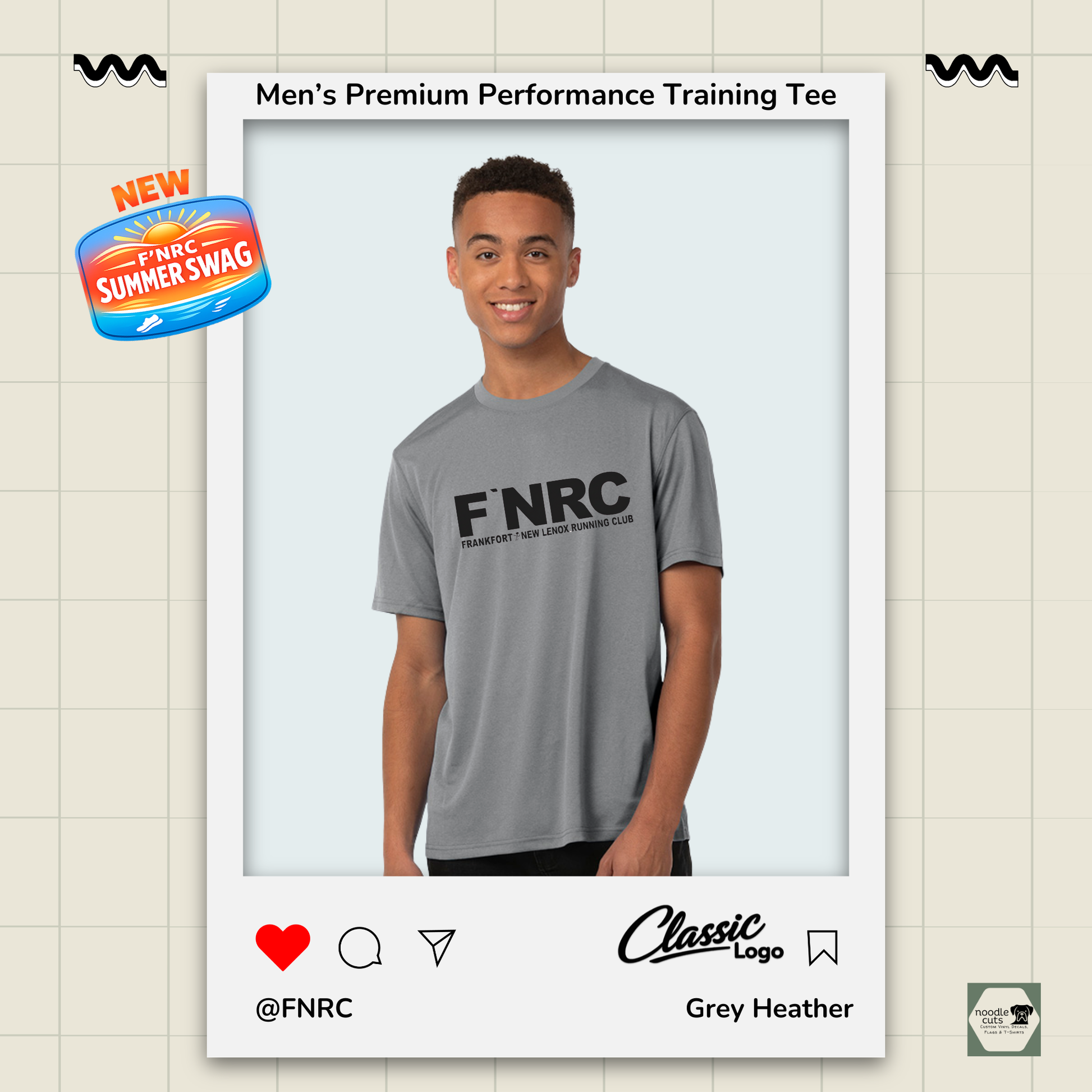 Mens FNRC Classic Logo Vegas II premium performance tee in Grey Heather featuring moisture-wicking Zorrel performance fabric