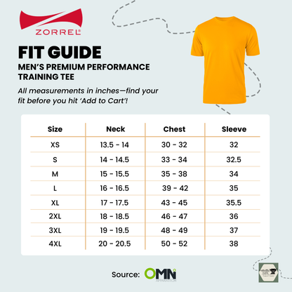 Zorrel men's Vegas II premium performance training tee fit guide with size chart and yellow t-shirt on light blue background