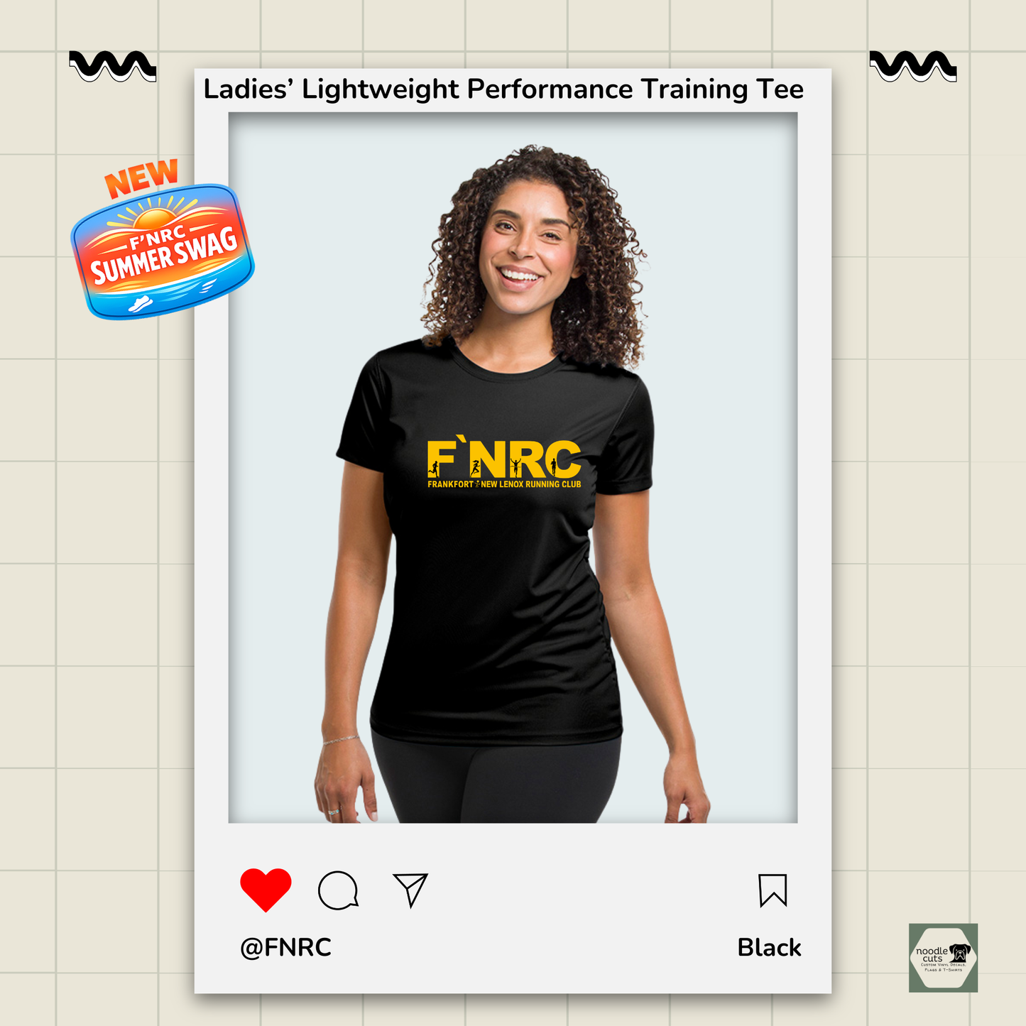 Ladies FNRC Signature logo Boston-W performance training tee in black gold and platinum women’s athletic fit moisture-wicking Zorrel shirt from Omni Apparatech.