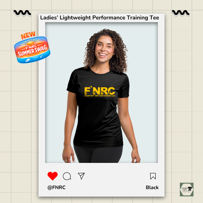 Ladies FNRC Signature logo Boston-W performance training tee in black gold and platinum women’s athletic fit moisture-wicking Zorrel shirt from Omni Apparatech.
