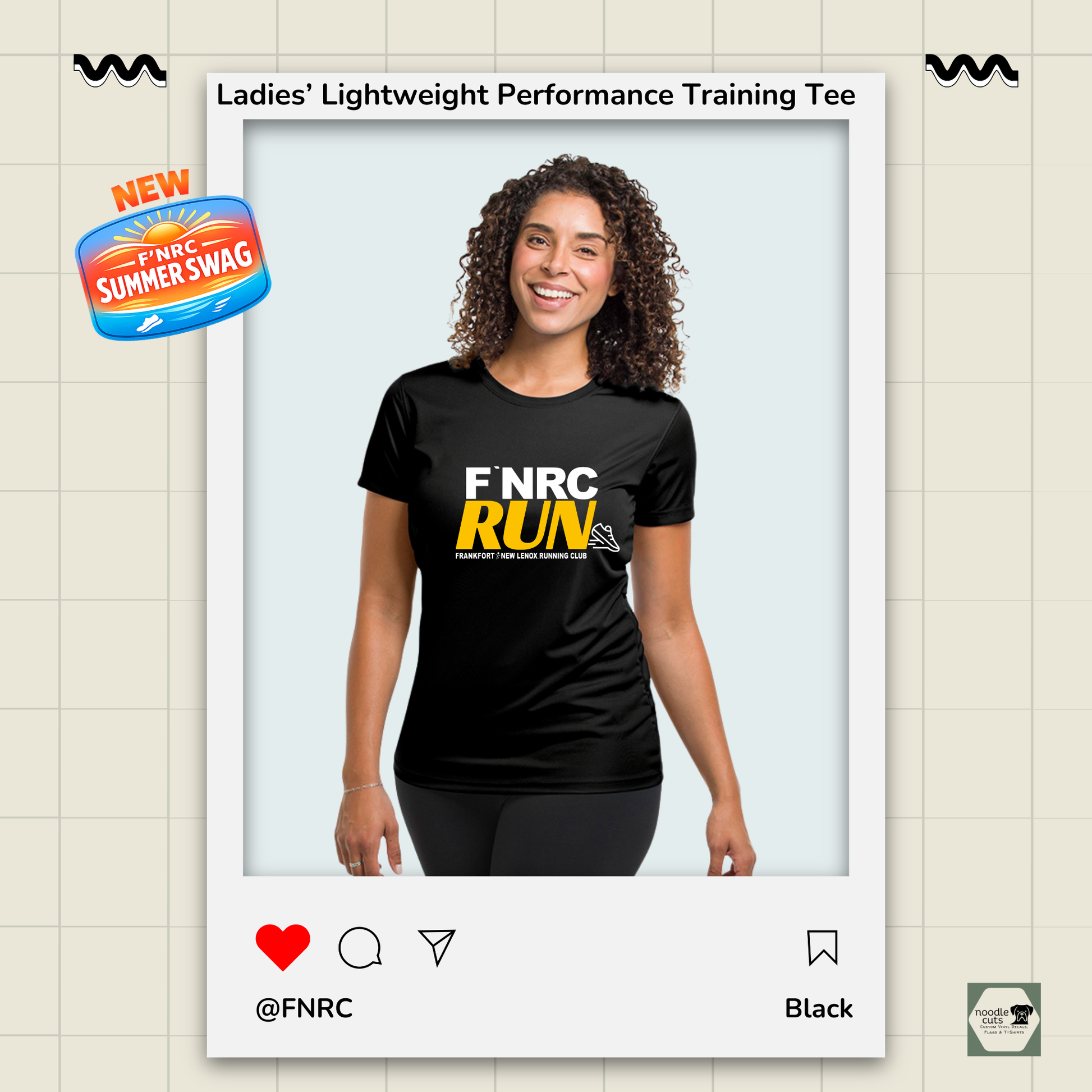 Ladies FNRC Run Design Boston-W performance training tee in black and platinum women’s athletic fit Zorrel moisture-wicking running shirt.