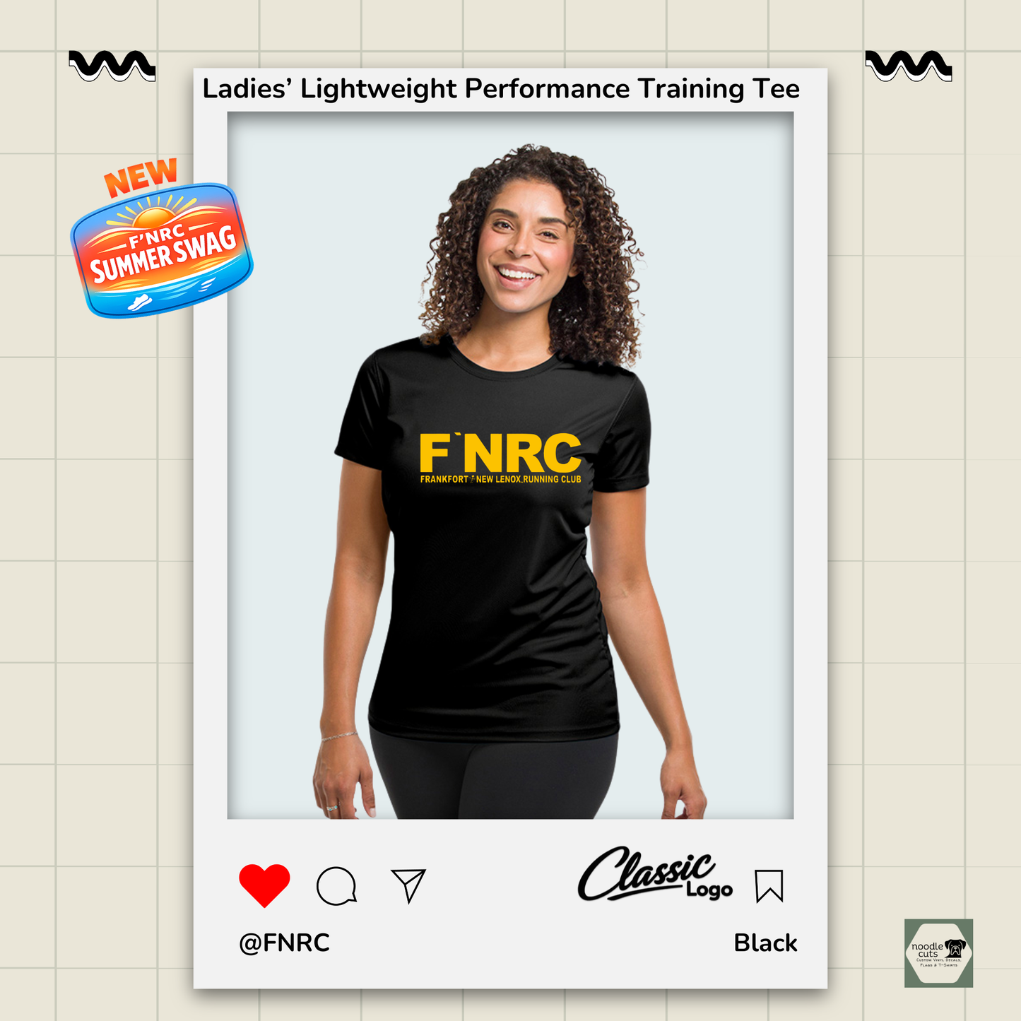 Ladies FNRC Classic logo Boston-W performance training tee in black gold and platinum, women’s athletic fit moisture-wicking Zorrel shirt.