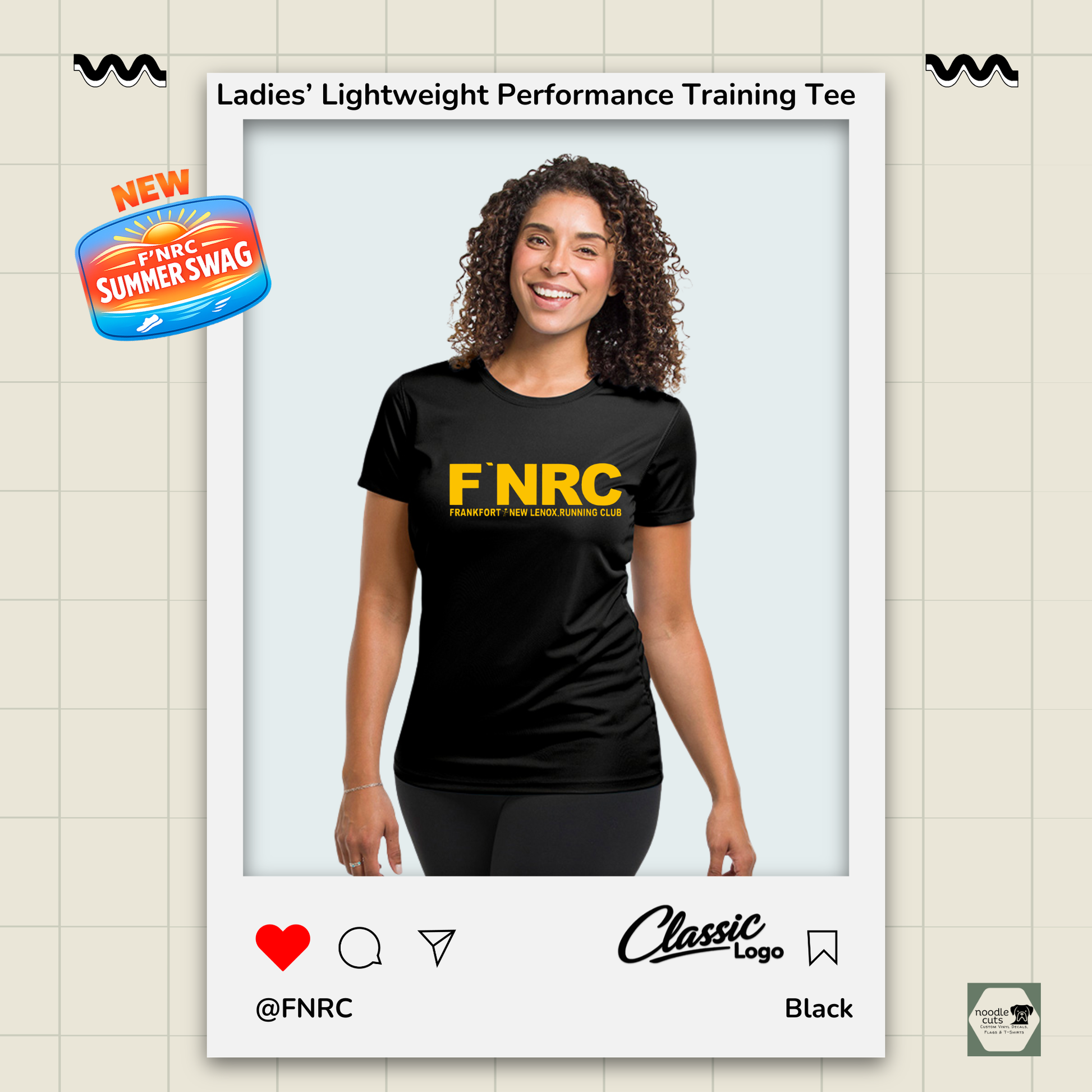 Ladies FNRC Classic logo Boston-W performance training tee in black gold and platinum, women’s athletic fit moisture-wicking Zorrel shirt.