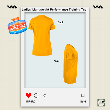 Back and side view of the Ladies FNRC Signature logo Boston-W performance training tee in black gold and platinum women’s athletic fit moisture-wicking Zorrel shirt from Omni Apparatech.