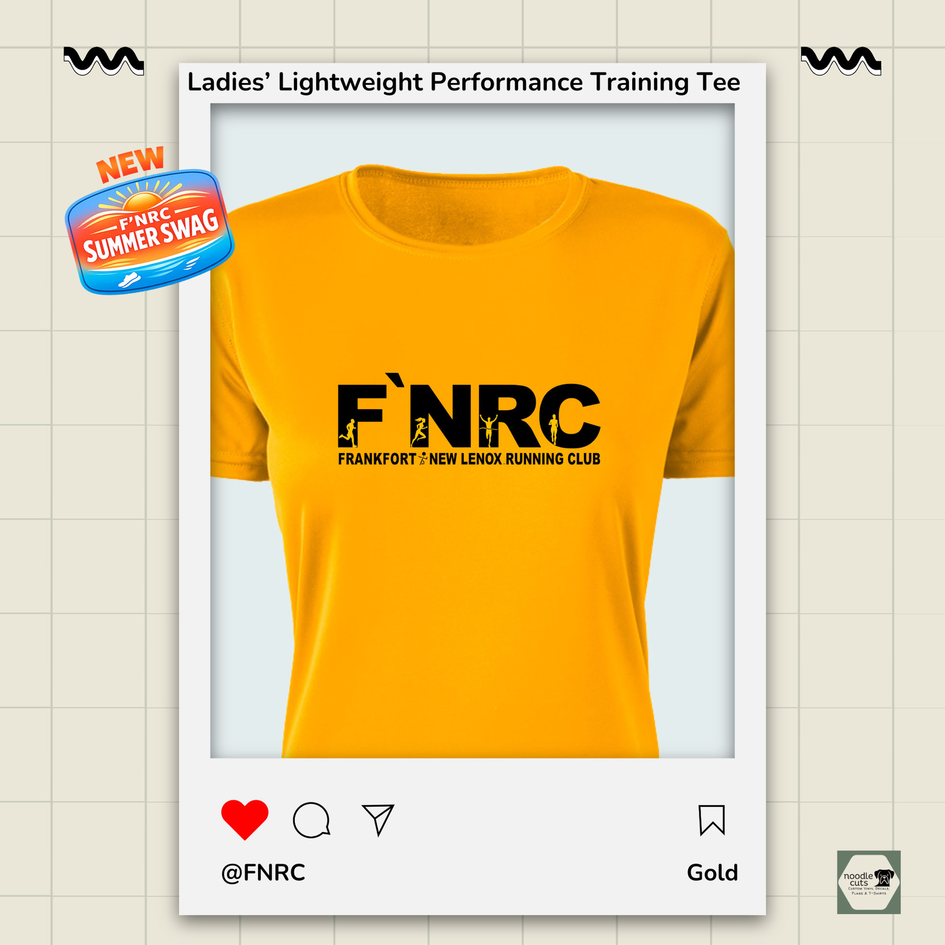 Close up view of the Ladies FNRC Signature logo Boston-W performance training tee in black gold and platinum women’s athletic fit moisture-wicking Zorrel shirt from Omni Apparatech.